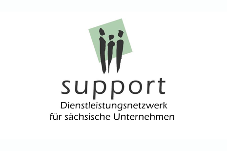 Das Logo von support besteht aus drei grafischen Menschen, die in einer Gruppe stehen. Im Hintergrund ist ein Quadrat zu sehen.