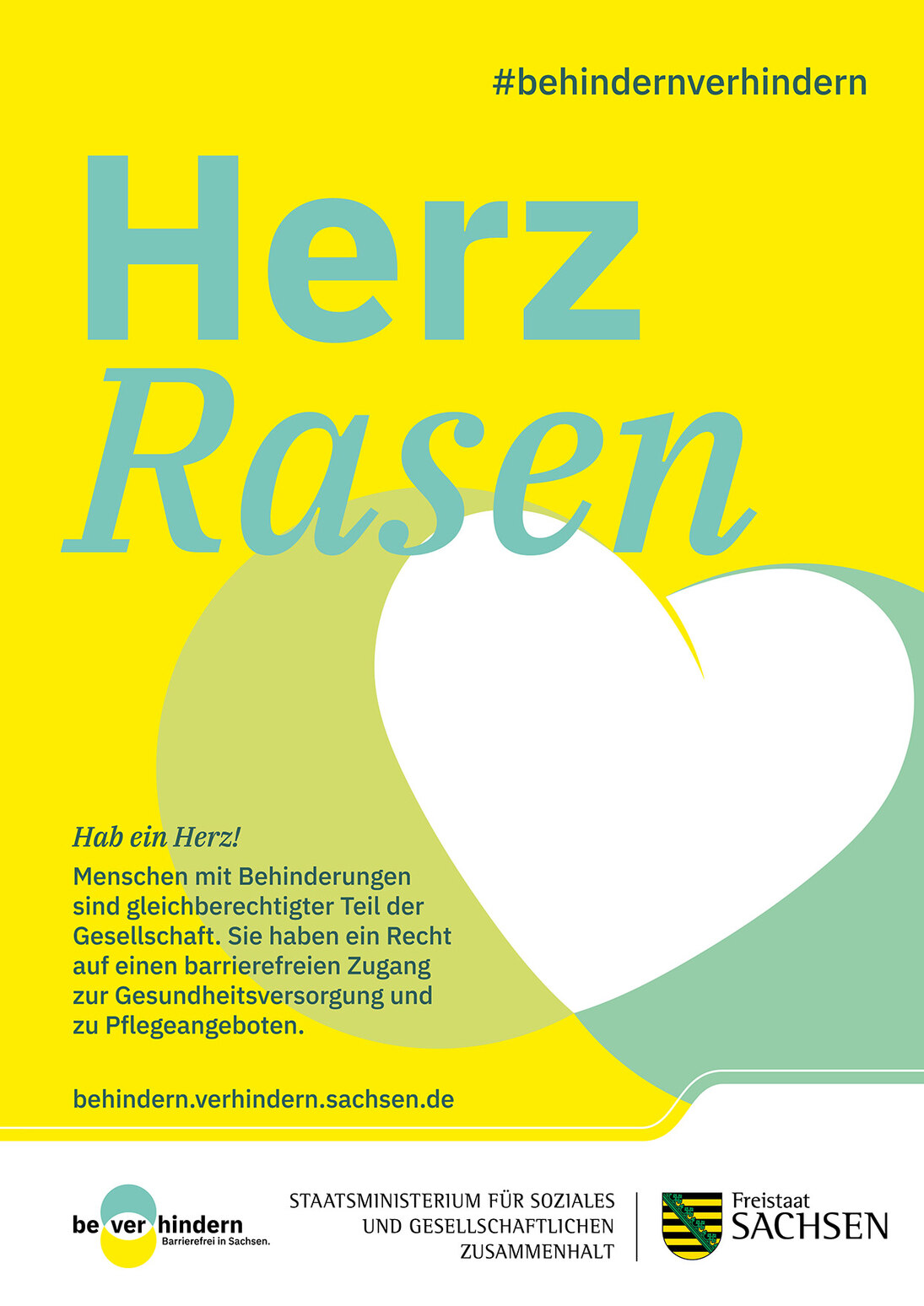 Motiv zur Kampagne. Großes Herz. Aufschrift: Herzrasen. Hab ein Herz! Menschen mit Be-hinderungen sind gleichberechtigter Teil der Gesellschaft. Sie haben ein Recht auf einen bar-rierefreien Zugang zur Gesundheitsversorgung und zu Pflegeangeboten.