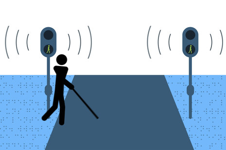 Die Grafik stellt einen Mensch mit Blindenstock dar, der durch ein akustisches Signal an der Ampel gewarnt wird. 