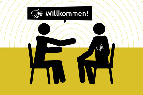 Auf der animierten Grafik sitzen sich zwei Menschen auf Stühlen gegenüber und kommunizieren in Gebärdensprache.
