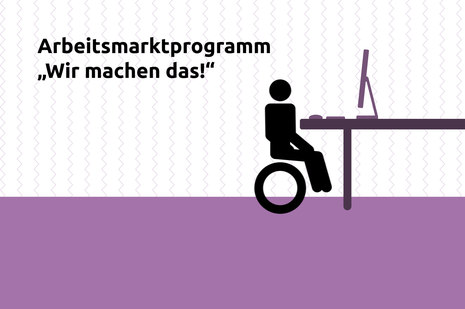 Die Grafik zeigt einen Rollstuhlfahrer, der an einen höhenverstellbaren Schreibtisch heran rollt. 
