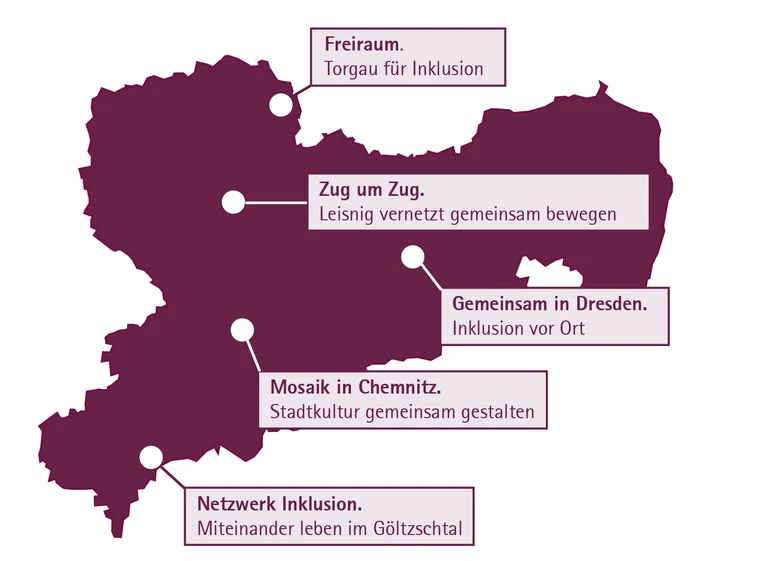 Karte mit Inklusionsprojekten in Sachsen.