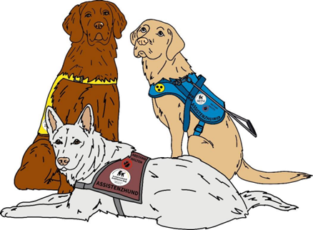 Illustration von drei Assistenzhunden mit farbigen Kenndecken oder Geschirren
