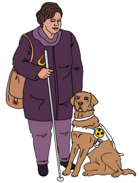 Illustration eines sitzenden Assistenzhundes und einer Frau in Lila