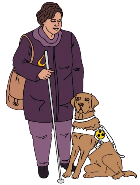 Illustration eines sitzenden Assistenzhundes und einer Frau in Lila