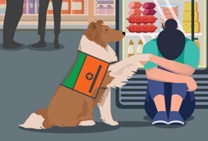 Illustration eines Assistenzhundes, der seine Pfote auf den Arm einer weinenden Frau legt