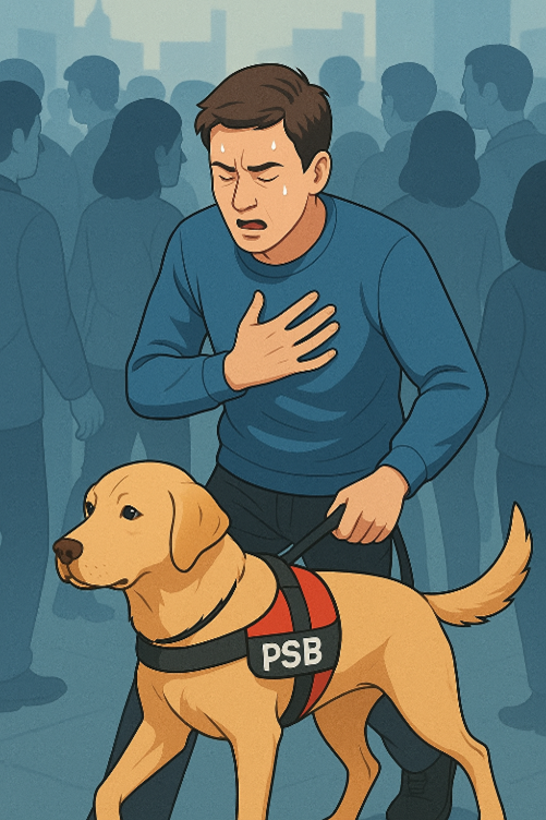 Illustration eines Assistenzhundes, der einen keuchenden Mann hinter sich herzieht