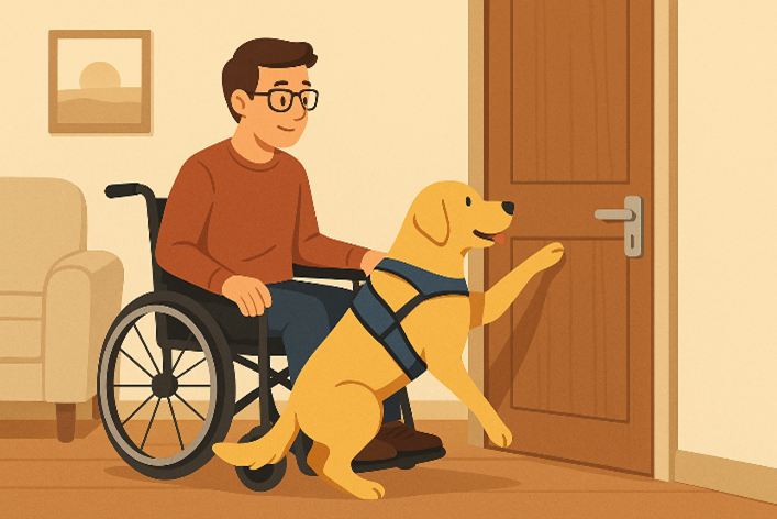 Illustration eines Assistenzhundes, der mit der Pfote gegen eine Tür stößt, neben ihm sitzt ein Mann im Rollstuhl