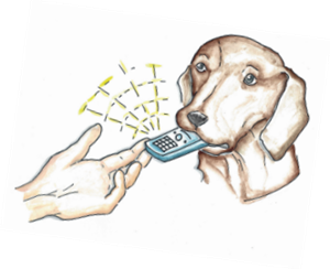 Illustration eines Hundes mit einer Fernbedienung im Maul, eine Hand ist ausgestreckt