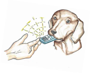 Illustration eines Hundes mit einer Fernbedienung im Maul, eine Hand ist ausgestreckt