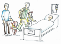 Illustration einer Person im Krankenbett, mehrere Personen und ein Assistenzhund laufen darauf zu