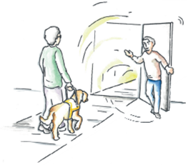 Illustration einer Person mit einem Assistenzhund an der Leine, die auf eine geöffnete Tür zugeht, aus der ein Mann tritt