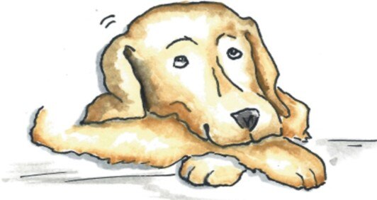 Illustration eines Hundes, der die Pfoten übereinander geschlagen hat und den Blick nach oben gerichtet hat