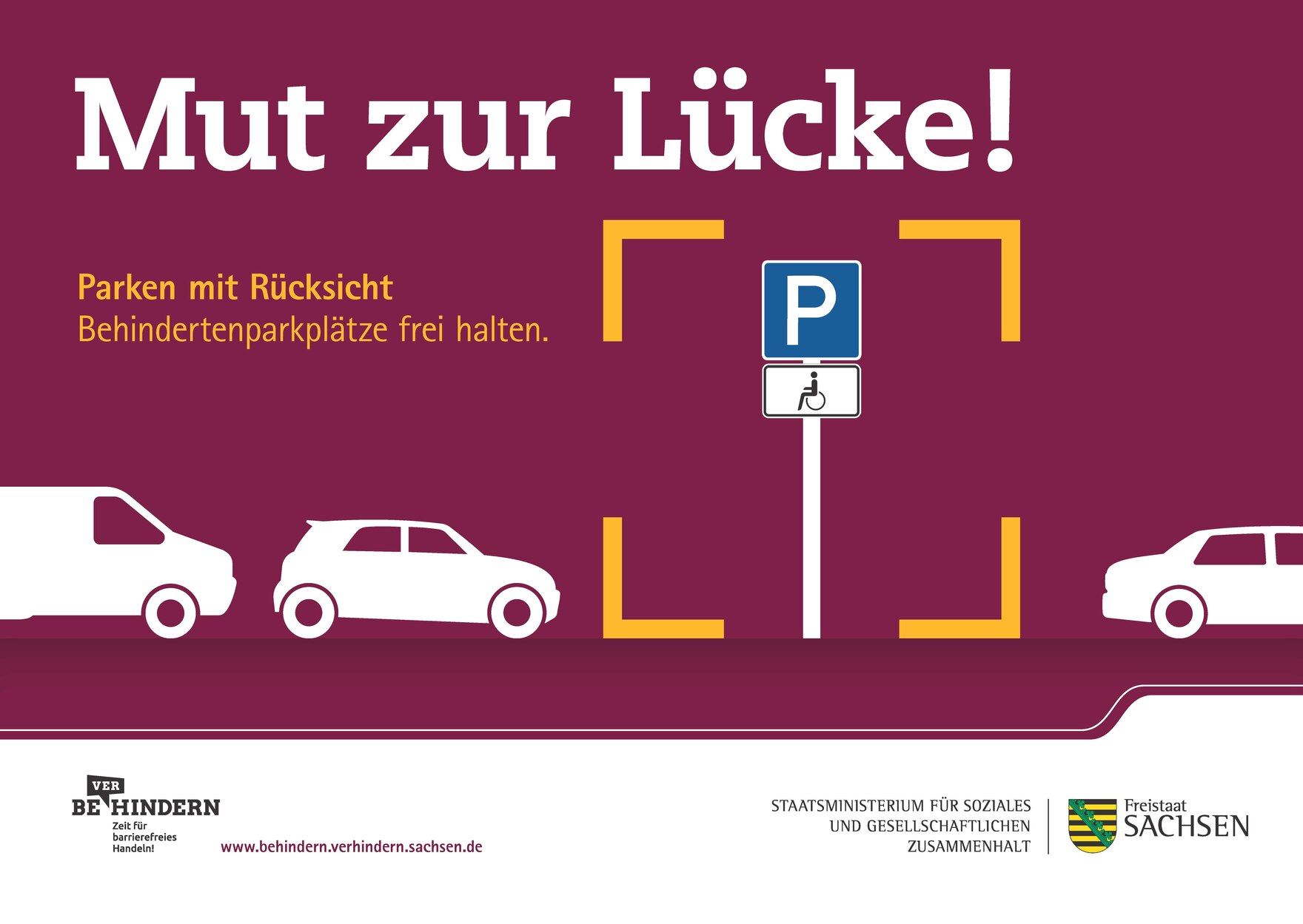 Kampagnenmotiv, mehrere Autos stehen am Rand, ein Schild mit Parkplatz für Menschen mit Behinderungen steht am Rand, die Lücke wird frei gelassen